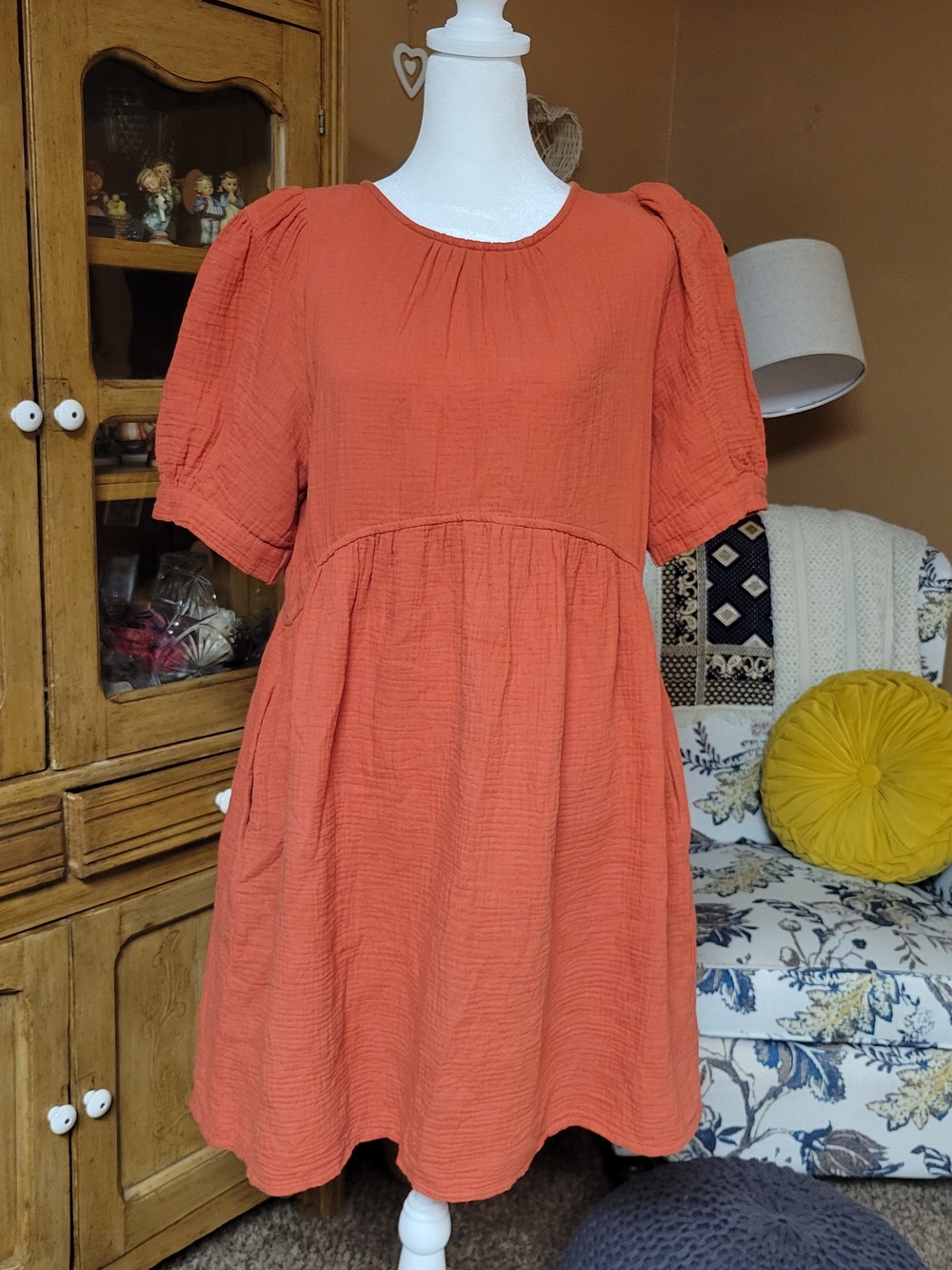 Dokotoo Rust Orange Cotton Gauze Puff Sleeve Dress M